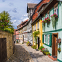 malerische Gasse in der Altstadt von Quedlinburg