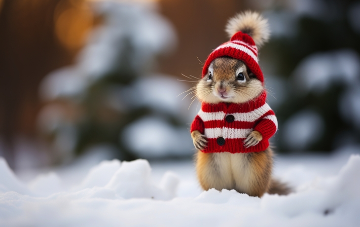 Eichhörnchen im Schnee mit Winterkleidung wie der Weihnachtsmann