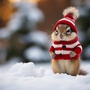 Eichhörnchen im Schnee mit Winterkleidung wie der Weihnachtsmann